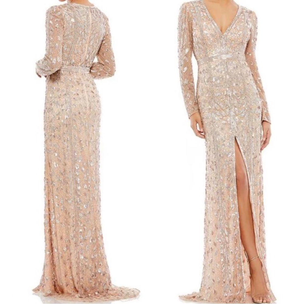 Mac Duggal Deep V Long Sleeve High Slit Beaded Gown